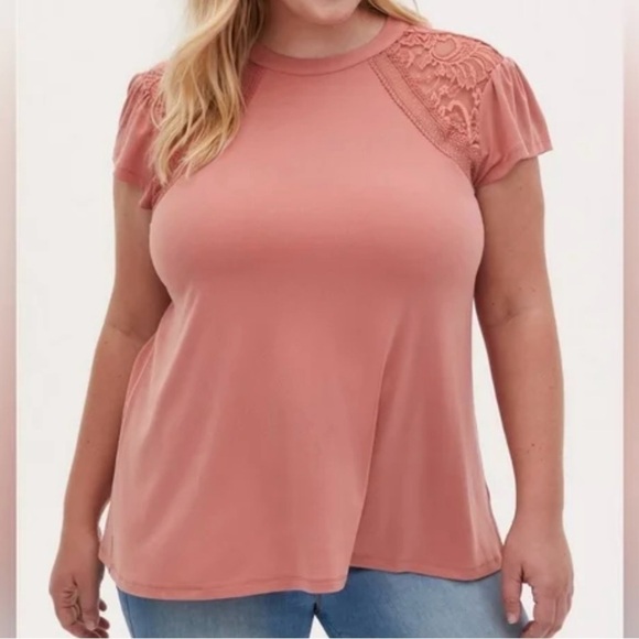 NWT Torrid fairy Jersey knit Mock Neck Lace Inset Top Mauve pink short sleeve 2X - Picture 1 of 8